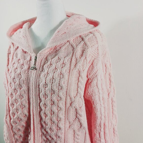 Aran Crafts Ireland, Medium, Pink Chunky Knit Merino Wool Long Hooded Cardigan - Picture 8 of 16